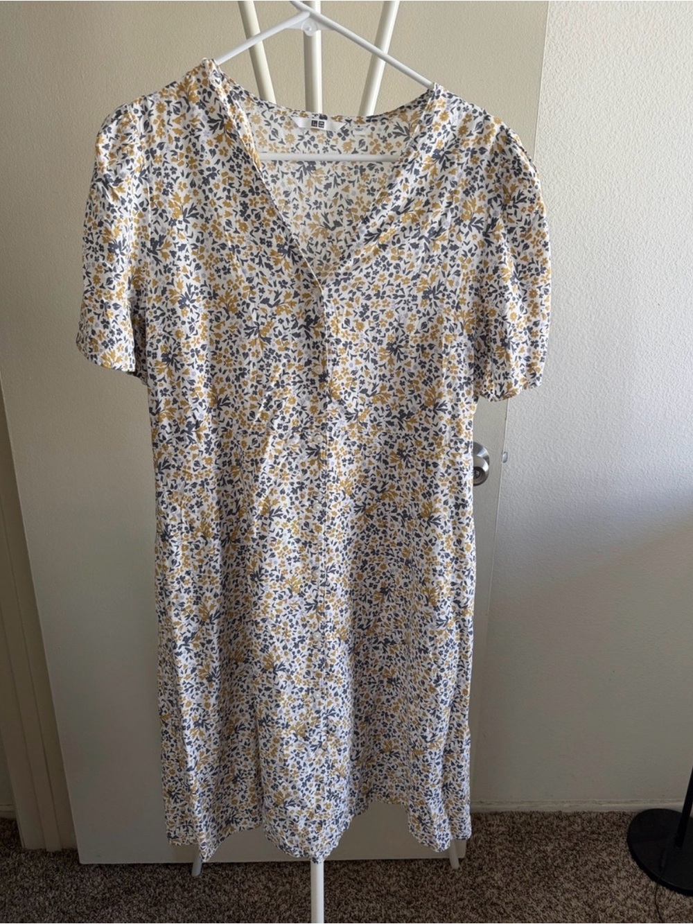 Uniqlo Yellow and Blue Floral V-Neck Mini Dress